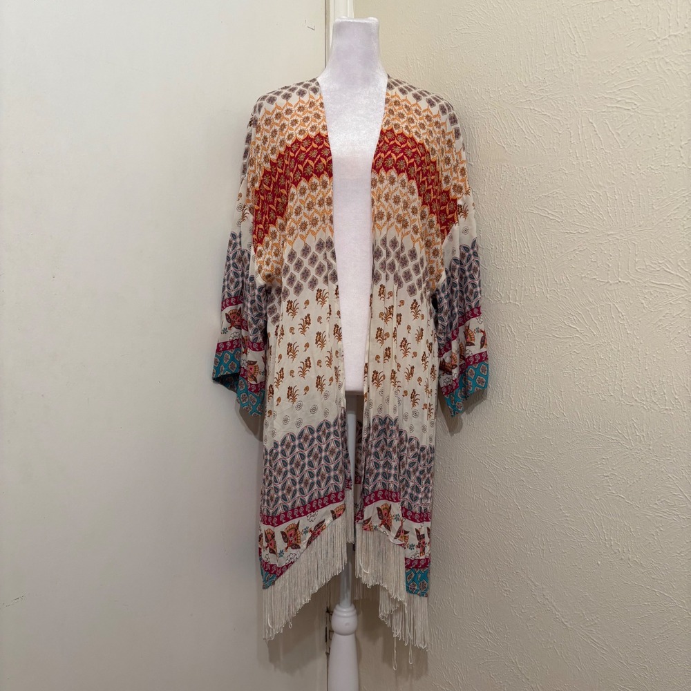 Patchwork Print Rustic Boho Fringe Kimono Wrap Duster Orange Teal Western M/M